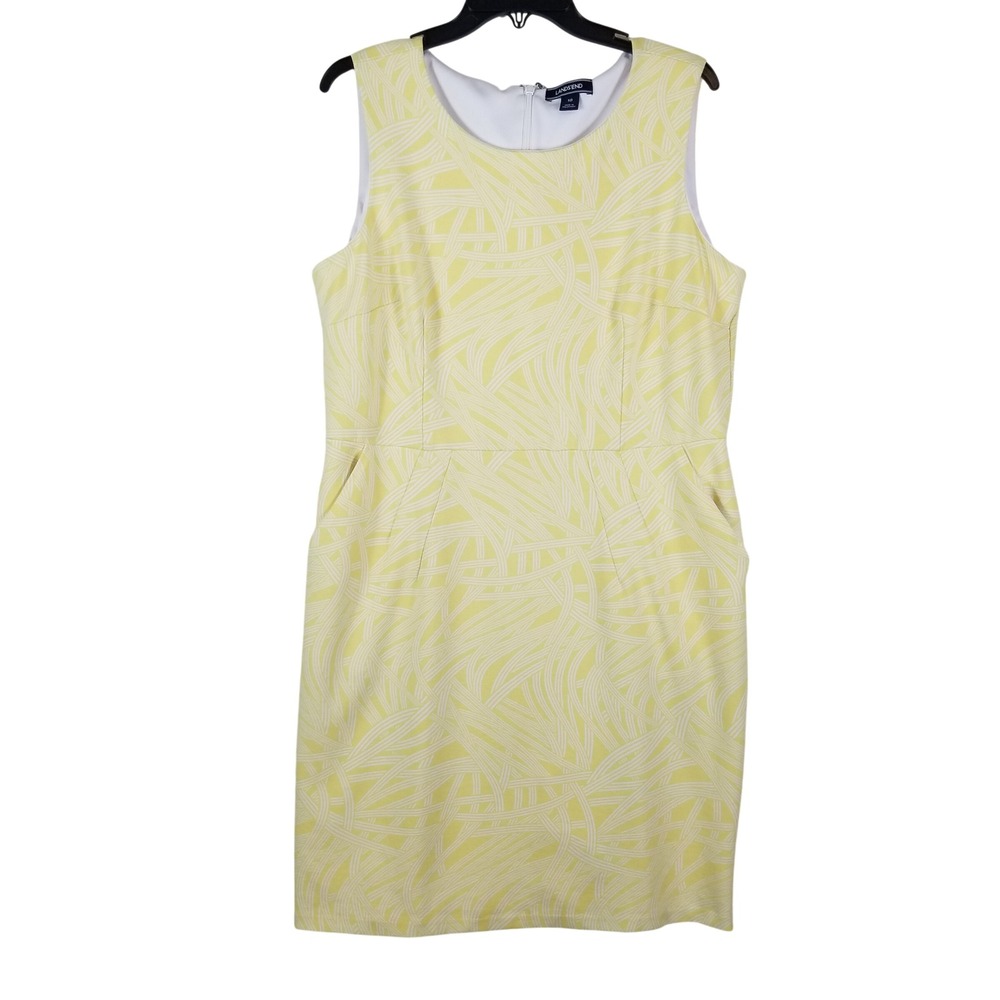 Lands' End Sheath Dress Women 18 Yellow White Abstract Sleeveless Pockets